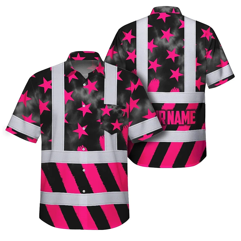 Hi Vis Hawaiian Shirt Reflective Tapes Pink Neon US Flag Custom Name Safety Workwear For Workers, Truckers, Operators