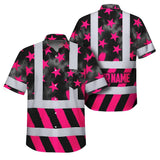 Hi Vis Hawaiian Shirt Reflective Tapes Pink Neon US Flag Custom Name Safety Workwear For Workers, Truckers, Operators