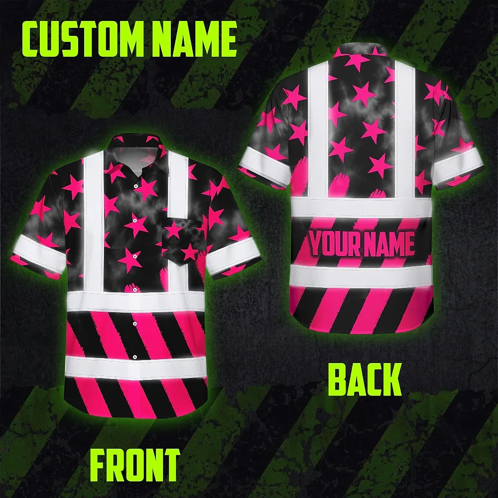 Hi Vis Hawaiian Shirt Reflective Tapes Pink Neon US Flag Custom Name Safety Workwear For Workers, Truckers, Operators