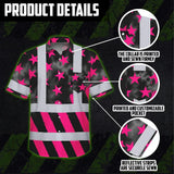 Hi Vis Hawaiian Shirt Reflective Tapes Pink Neon US Flag Custom Name Safety Workwear For Workers, Truckers, Operators