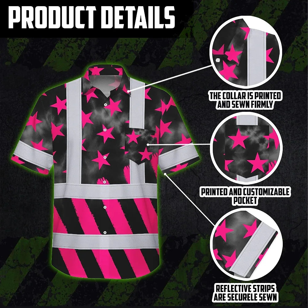 Hi Vis Hawaiian Shirt Reflective Tapes Pink Neon US Flag Custom Name Safety Workwear For Workers, Truckers, Operators