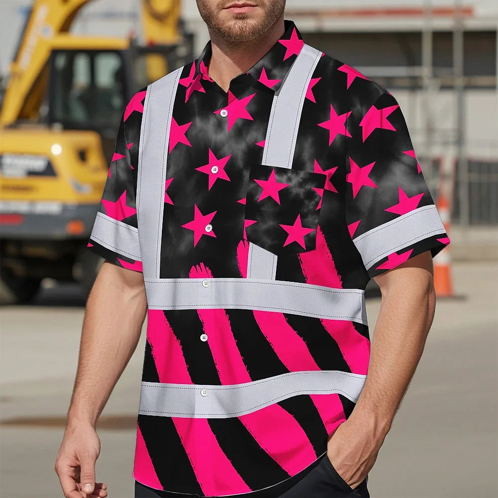 Hi Vis Hawaiian Shirt Reflective Tapes Pink Neon US Flag Custom Name Safety Workwear For Workers, Truckers, Operators
