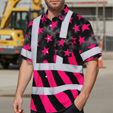 Hi Vis Hawaiian Shirt Reflective Tapes Pink Neon US Flag Custom Name Safety Workwear For Workers, Truckers, Operators