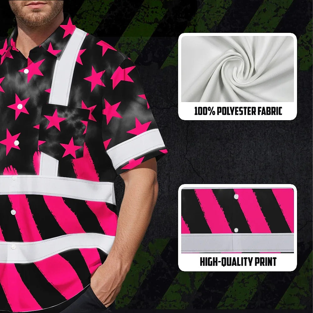 Hi Vis Hawaiian Shirt Reflective Tapes Pink Neon US Flag Custom Name Safety Workwear For Workers, Truckers, Operators