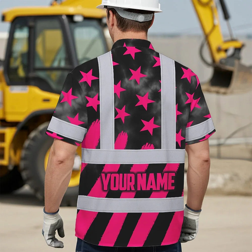 Hi Vis Hawaiian Shirt Reflective Tapes Pink Neon US Flag Custom Name Safety Workwear For Workers, Truckers, Operators