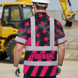 Hi Vis Hawaiian Shirt Reflective Tapes Pink Neon US Flag Custom Name Safety Workwear For Workers, Truckers, Operators