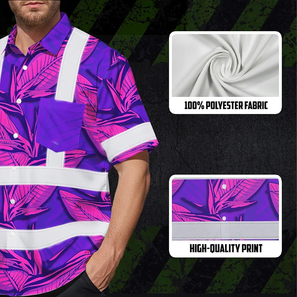 Hi Vis Hawaiian Shirt Reflective Tapes Pink Neon Violet Bird of Paradise Custom Name Safety Workwear For Workers, Truckers, Operators