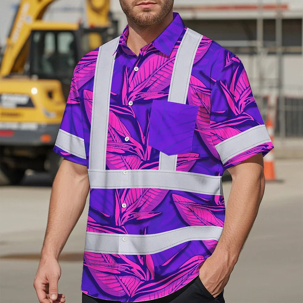 Hi Vis Hawaiian Shirt Reflective Tapes Pink Neon Violet Bird of Paradise Custom Name Safety Workwear For Workers, Truckers, Operators