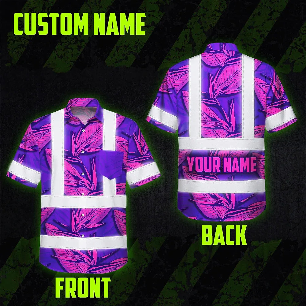 Hi Vis Hawaiian Shirt Reflective Tapes Pink Neon Violet Bird of Paradise Custom Name Safety Workwear For Workers, Truckers, Operators