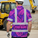 Hi Vis Hawaiian Shirt Reflective Tapes Pink Neon Violet Bird of Paradise Custom Name Safety Workwear For Workers, Truckers, Operators