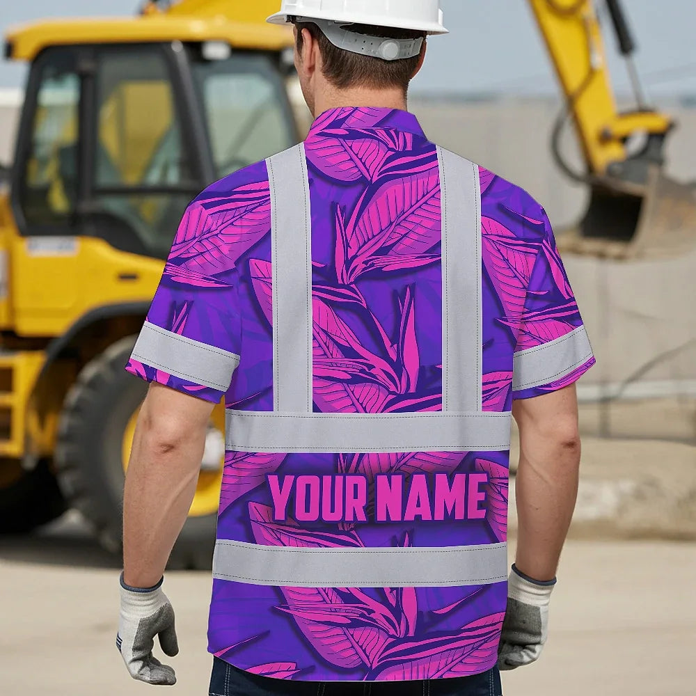 Hi Vis Hawaiian Shirt Reflective Tapes Pink Neon Violet Bird of Paradise Custom Name Safety Workwear For Workers, Truckers, Operators