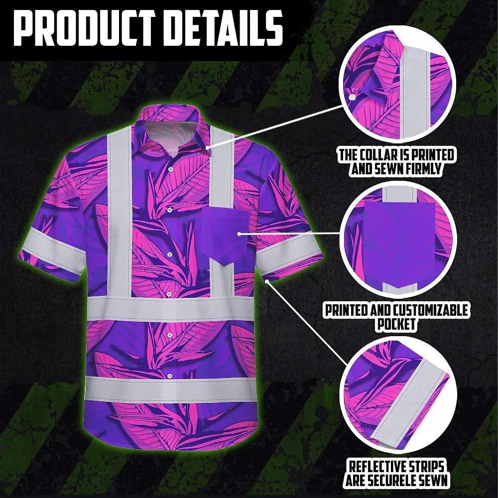 Hi Vis Hawaiian Shirt Reflective Tapes Pink Neon Violet Bird of Paradise Custom Name Safety Workwear For Workers, Truckers, Operators