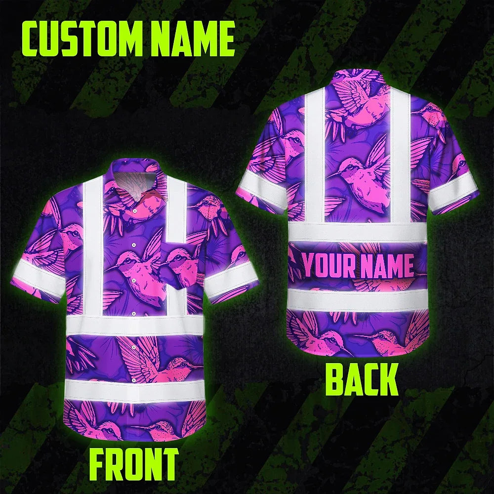 Hi Vis Hawaiian Shirt Reflective Tapes Pink Neon Violet Hummingbird Custom Name Safety Workwear For Workers, Truckers, Operators