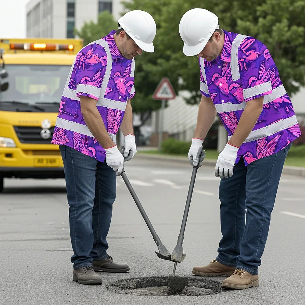 Hi Vis Hawaiian Shirt Reflective Tapes Pink Neon Violet Hummingbird Custom Name Safety Workwear For Workers, Truckers, Operators