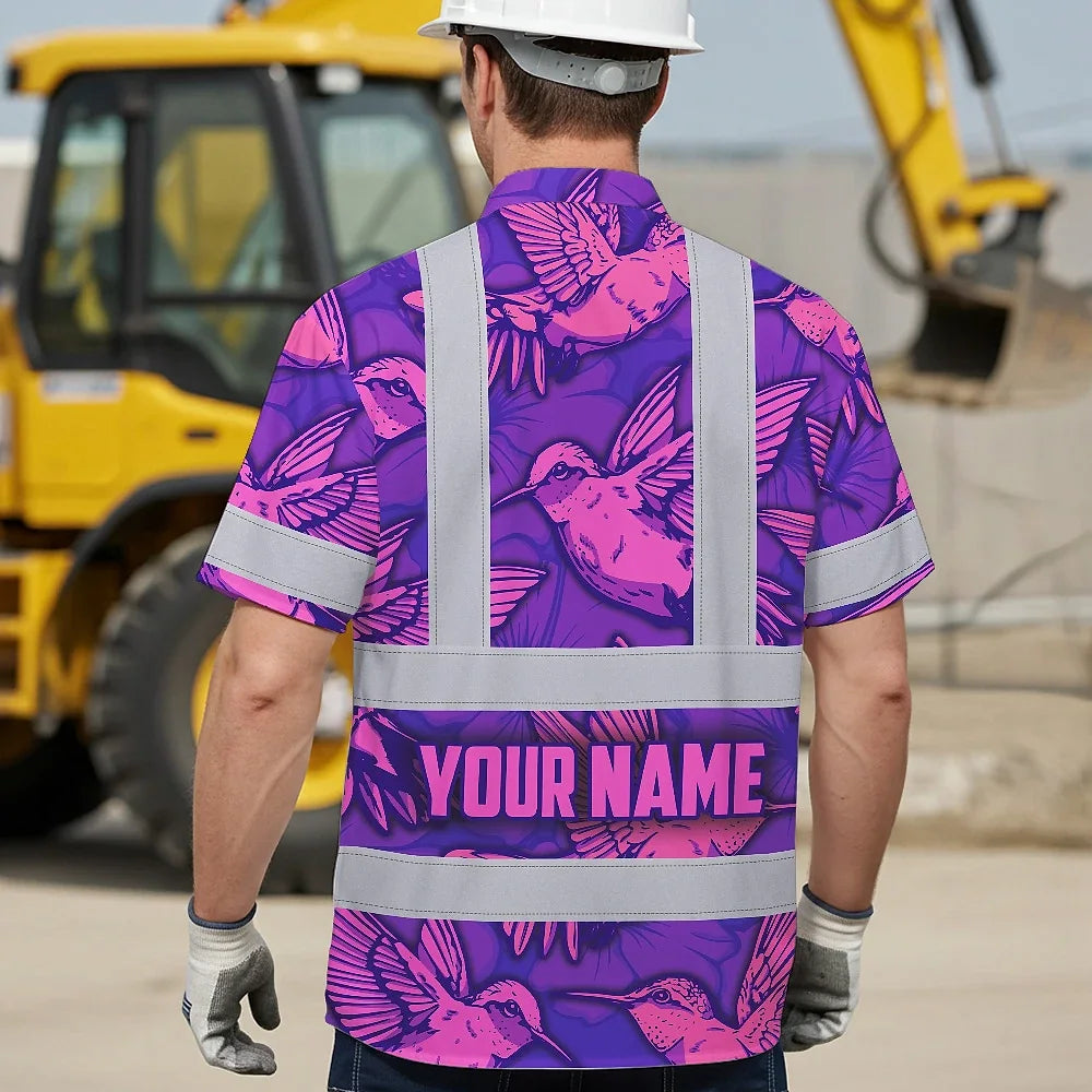 Hi Vis Hawaiian Shirt Reflective Tapes Pink Neon Violet Hummingbird Custom Name Safety Workwear For Workers, Truckers, Operators
