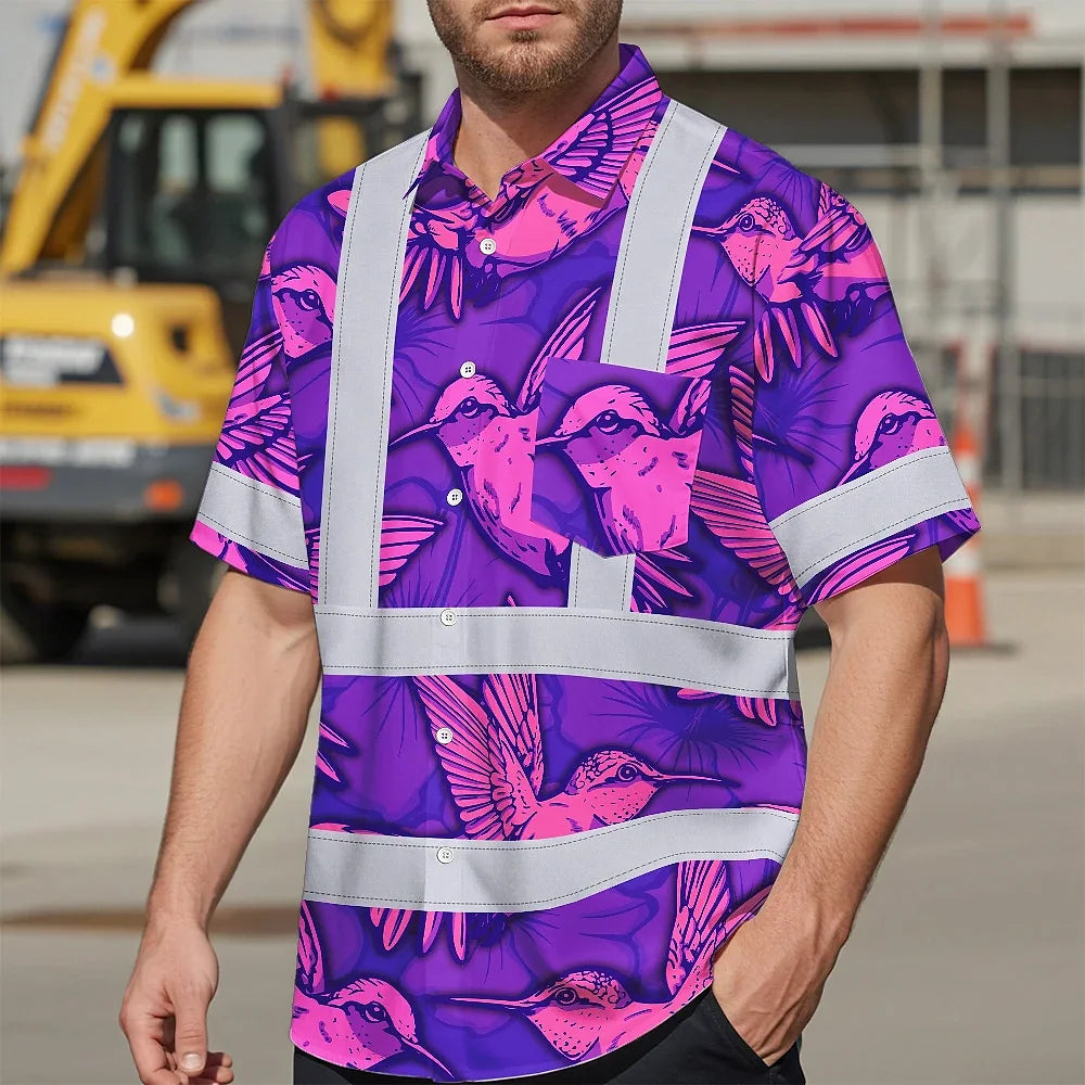 Hi Vis Hawaiian Shirt Reflective Tapes Pink Neon Violet Hummingbird Custom Name Safety Workwear For Workers, Truckers, Operators