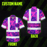 Hi Vis Hawaiian Shirt Reflective Tapes Pink Neon Violet Orchid Custom Name Safety Workwear For Workers, Truckers, Operators