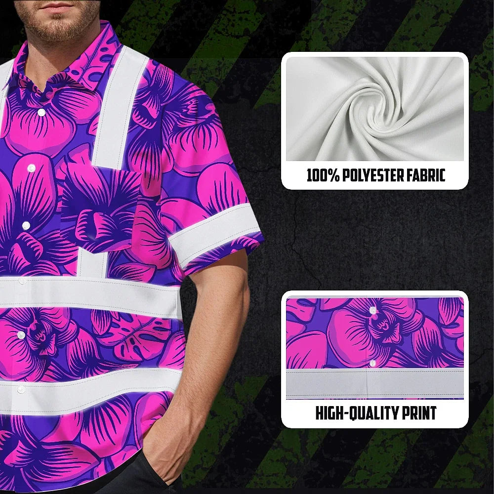 Hi Vis Hawaiian Shirt Reflective Tapes Pink Neon Violet Orchid Custom Name Safety Workwear For Workers, Truckers, Operators