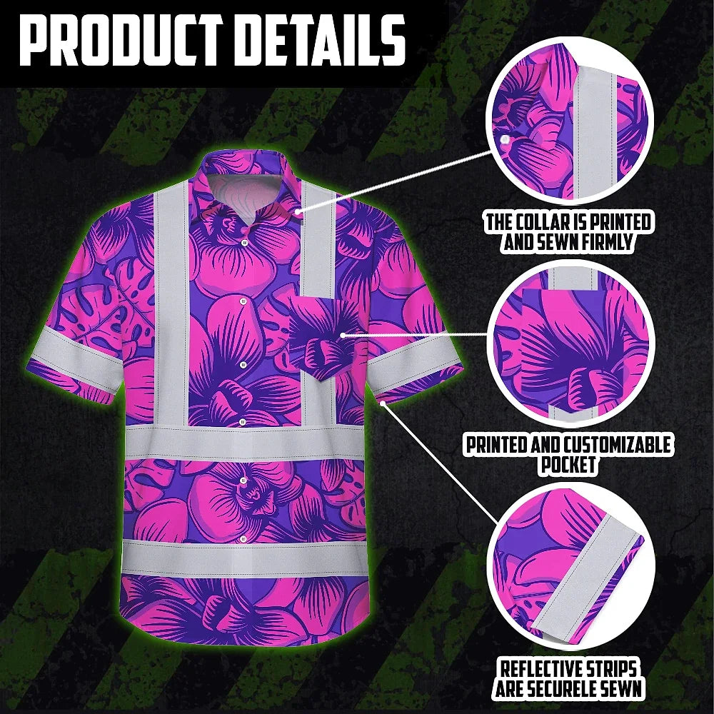 Hi Vis Hawaiian Shirt Reflective Tapes Pink Neon Violet Orchid Custom Name Safety Workwear For Workers, Truckers, Operators