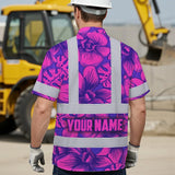 Hi Vis Hawaiian Shirt Reflective Tapes Pink Neon Violet Orchid Custom Name Safety Workwear For Workers, Truckers, Operators