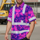 Hi Vis Hawaiian Shirt Reflective Tapes Pink Neon Violet Orchid Custom Name Safety Workwear For Workers, Truckers, Operators
