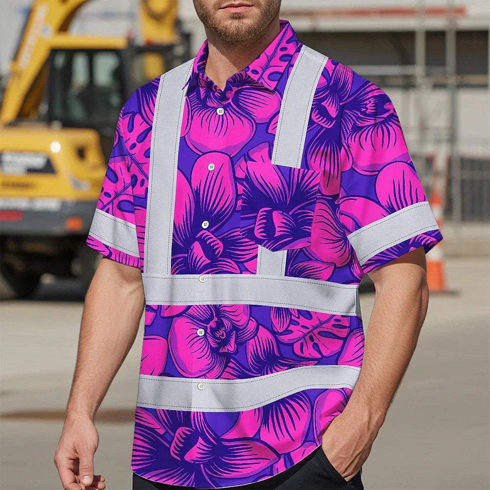 Hi Vis Hawaiian Shirt Reflective Tapes Pink Neon Violet Orchid Custom Name Safety Workwear For Workers, Truckers, Operators