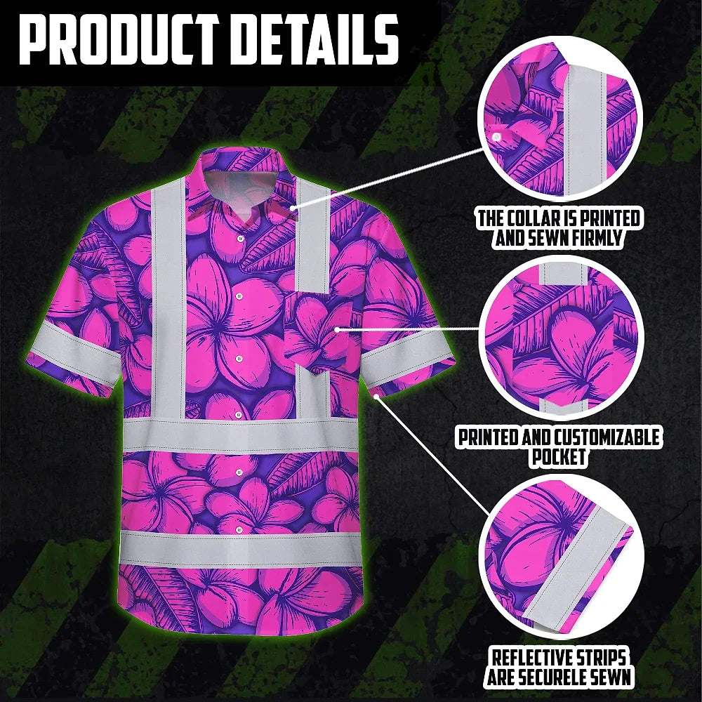 Hi Vis Hawaiian Shirt Reflective Tapes Pink Neon Violet Plumeria Custom Name Safety Workwear For Workers, Truckers, Operators