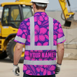 Hi Vis Hawaiian Shirt Reflective Tapes Pink Neon Violet Plumeria Custom Name Safety Workwear For Workers, Truckers, Operators
