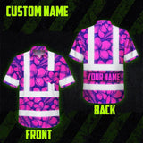 Hi Vis Hawaiian Shirt Reflective Tapes Pink Neon Violet Plumeria Custom Name Safety Workwear For Workers, Truckers, Operators