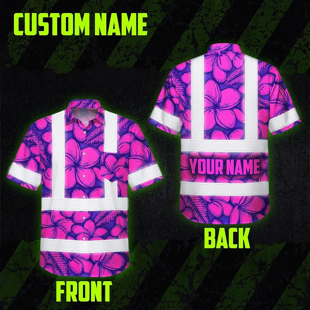 Hi Vis Hawaiian Shirt Reflective Tapes Pink Neon Violet Plumeria Custom Name Safety Workwear For Workers, Truckers, Operators