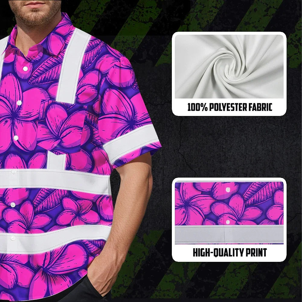 Hi Vis Hawaiian Shirt Reflective Tapes Pink Neon Violet Plumeria Custom Name Safety Workwear For Workers, Truckers, Operators