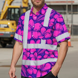 Hi Vis Hawaiian Shirt Reflective Tapes Pink Neon Violet Plumeria Custom Name Safety Workwear For Workers, Truckers, Operators