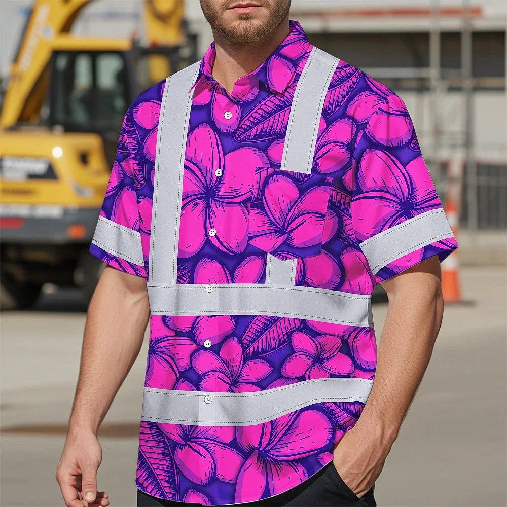 Hi Vis Hawaiian Shirt Reflective Tapes Pink Neon Violet Plumeria Custom Name Safety Workwear For Workers, Truckers, Operators
