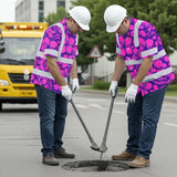 Hi Vis Hawaiian Shirt Reflective Tapes Pink Neon Violet Plumeria Custom Name Safety Workwear For Workers, Truckers, Operators