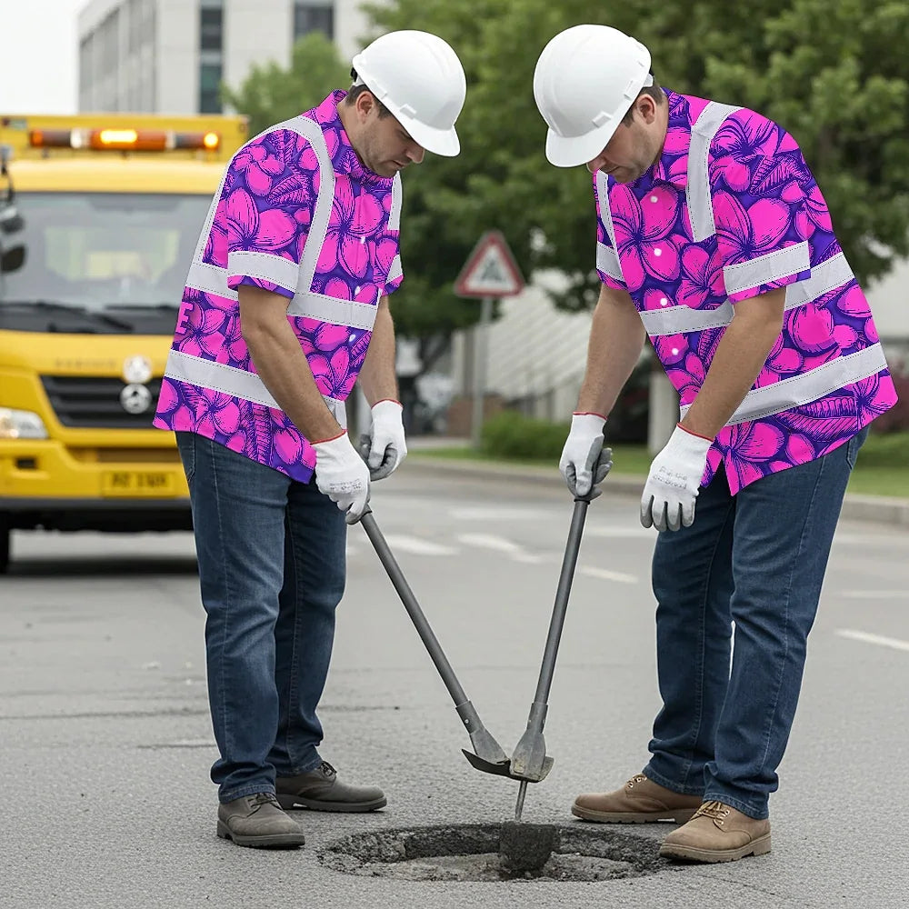 Hi Vis Hawaiian Shirt Reflective Tapes Pink Neon Violet Plumeria Custom Name Safety Workwear For Workers, Truckers, Operators