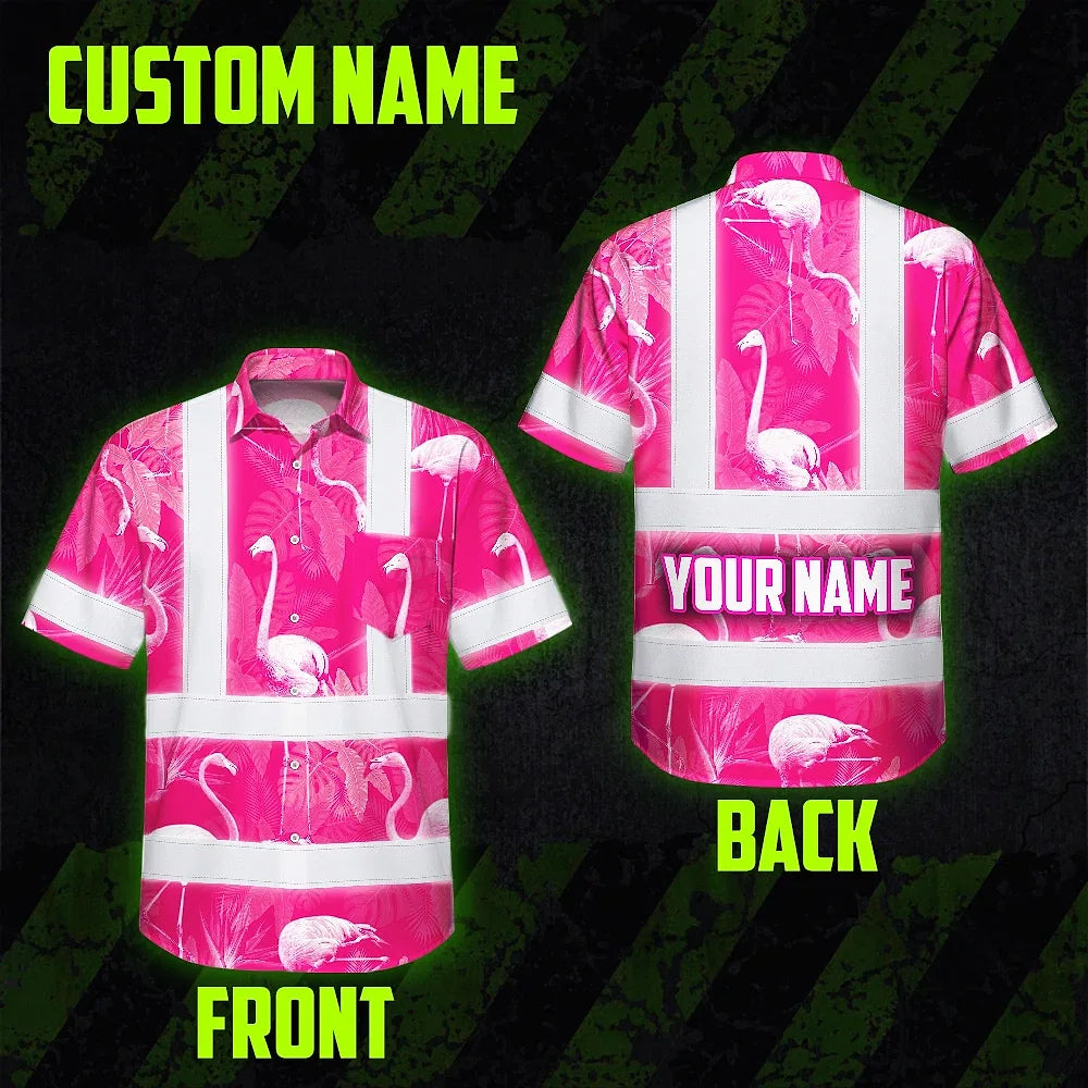 Hi Vis Hawaiian Shirt Reflective Tapes Pink Neon White Flamingo Custom Name Safety Workwear For Workers, Truckers, Operators