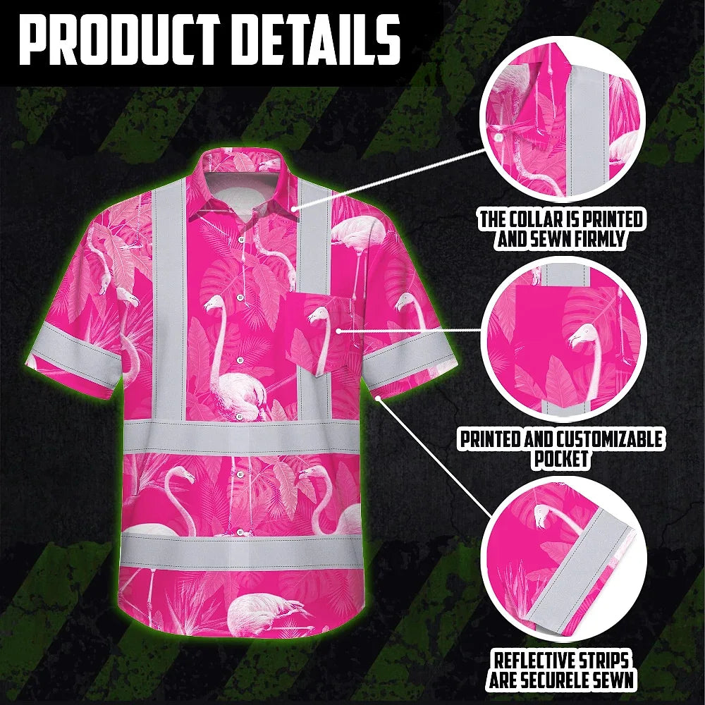 Hi Vis Hawaiian Shirt Reflective Tapes Pink Neon White Flamingo Custom Name Safety Workwear For Workers, Truckers, Operators