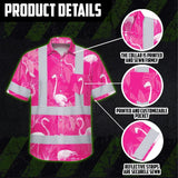 Hi Vis Hawaiian Shirt Reflective Tapes Pink Neon White Flamingo Custom Name Safety Workwear For Workers, Truckers, Operators
