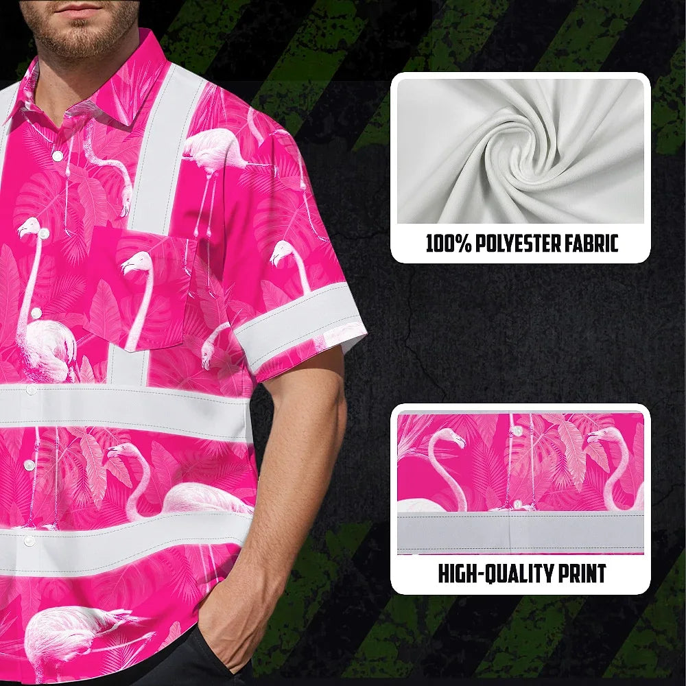 Hi Vis Hawaiian Shirt Reflective Tapes Pink Neon White Flamingo Custom Name Safety Workwear For Workers, Truckers, Operators