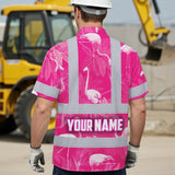 Hi Vis Hawaiian Shirt Reflective Tapes Pink Neon White Flamingo Custom Name Safety Workwear For Workers, Truckers, Operators