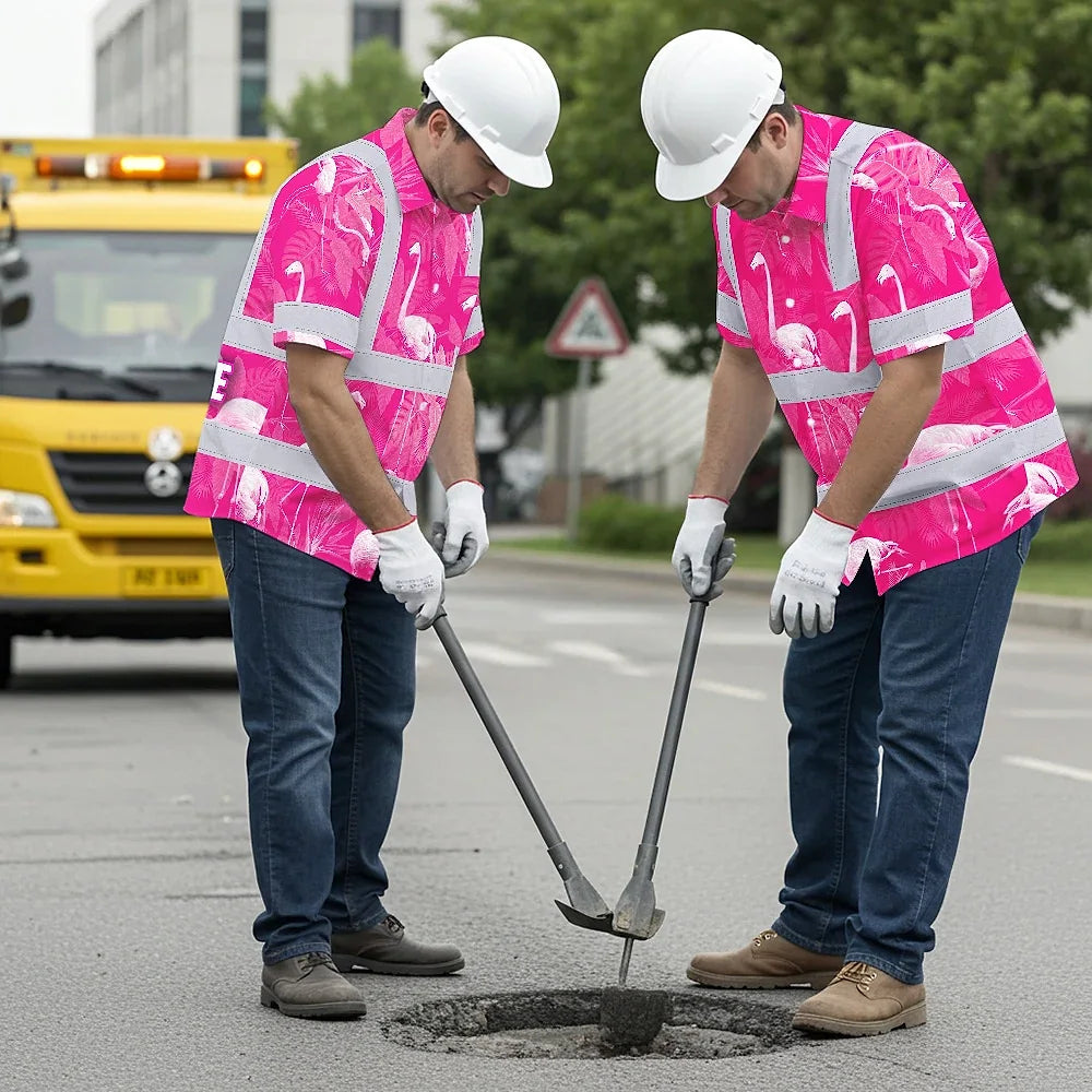 Hi Vis Hawaiian Shirt Reflective Tapes Pink Neon White Flamingo Custom Name Safety Workwear For Workers, Truckers, Operators