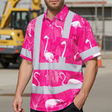 Hi Vis Hawaiian Shirt Reflective Tapes Pink Neon White Flamingo Custom Name Safety Workwear For Workers, Truckers, Operators