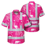 Hi Vis Hawaiian Shirt Reflective Tapes Pink Neon White Flamingo Custom Name Safety Workwear For Workers, Truckers, Operators
