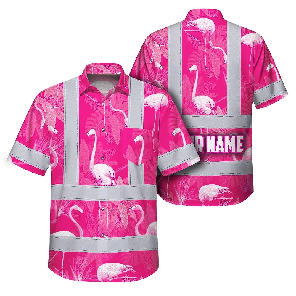 Hi Vis Hawaiian Shirt Reflective Tapes Pink Neon White Flamingo Custom Name Safety Workwear For Workers, Truckers, Operators