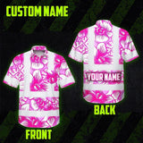 Hi Vis Hawaiian Shirt Reflective Tapes Pink Neon White Orchid Custom Name Safety Workwear For Workers, Truckers, Operators