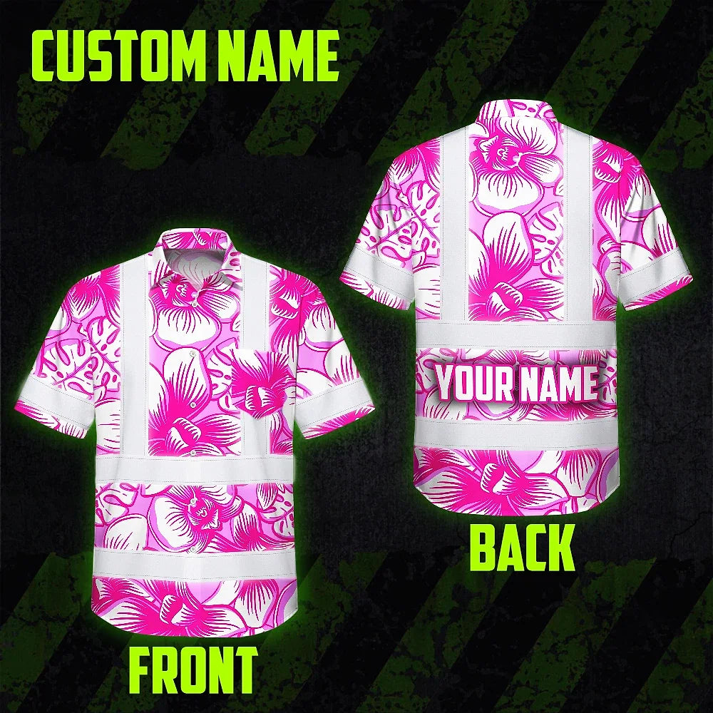 Hi Vis Hawaiian Shirt Reflective Tapes Pink Neon White Orchid Custom Name Safety Workwear For Workers, Truckers, Operators