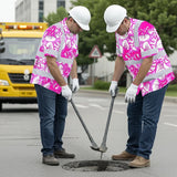 Hi Vis Hawaiian Shirt Reflective Tapes Pink Neon White Orchid Custom Name Safety Workwear For Workers, Truckers, Operators