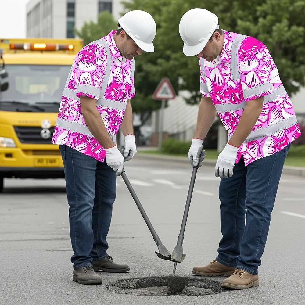Hi Vis Hawaiian Shirt Reflective Tapes Pink Neon White Orchid Custom Name Safety Workwear For Workers, Truckers, Operators
