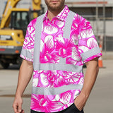Hi Vis Hawaiian Shirt Reflective Tapes Pink Neon White Orchid Custom Name Safety Workwear For Workers, Truckers, Operators