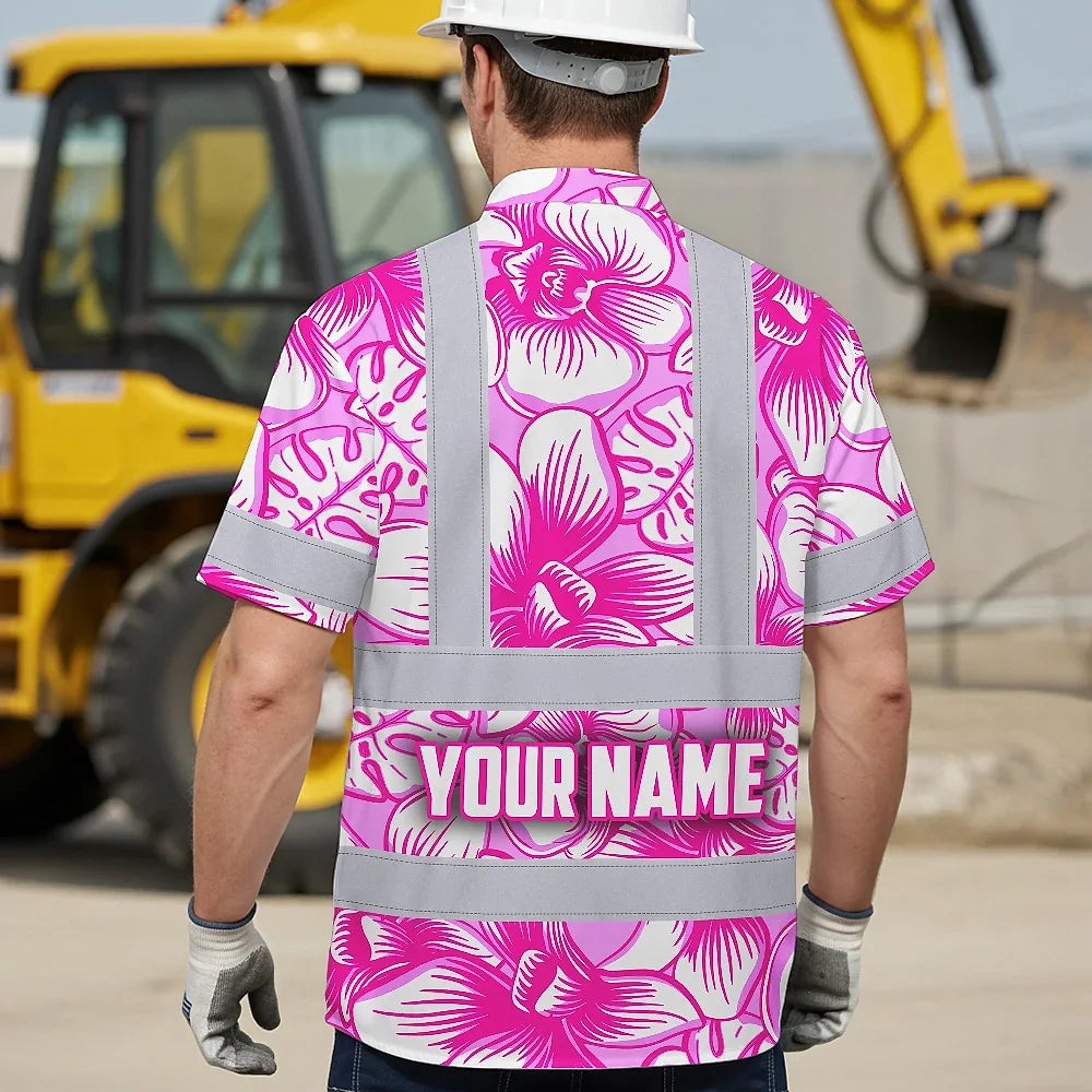 Hi Vis Hawaiian Shirt Reflective Tapes Pink Neon White Orchid Custom Name Safety Workwear For Workers, Truckers, Operators